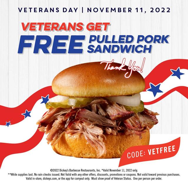 Dickey's Barbecue Pit Veterans Day Deals Free Pulled Pork Sandwich