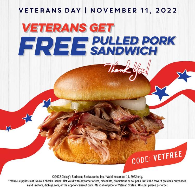 Dickey's Barbecue Pit Veterans Day Deals Free Pulled Pork Sandwich